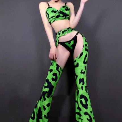 Neon Green Leopard Bikini Top, Wide-Leg Chaps Pants & Hat 4-Piece Stage Dance Costume Set