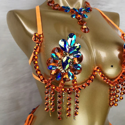 Sparkly Samba Carnival Stone Wire Bra, Belt & Necklace Three-Piece Costume Set