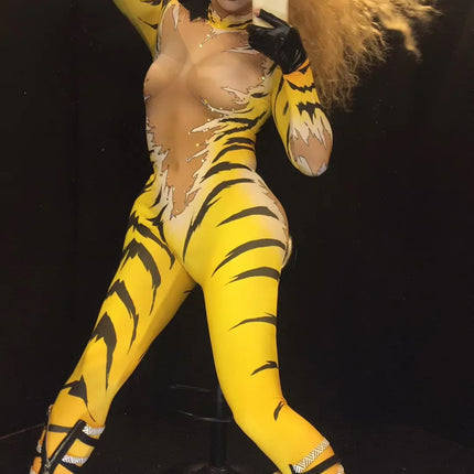 Tiger Print Rhinestone Catsuit Long Sleeve Fierce Animal Stage Performance Jumpsuit