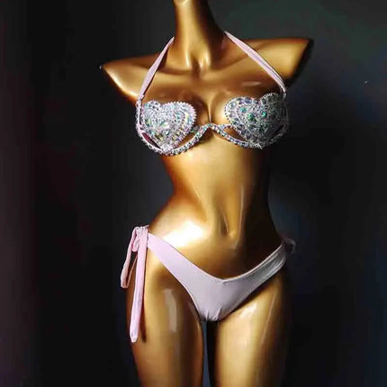 The Venus Vacation Deep-V Bikini – Luxe Rhinestone Embellished Showgirl Swim Set