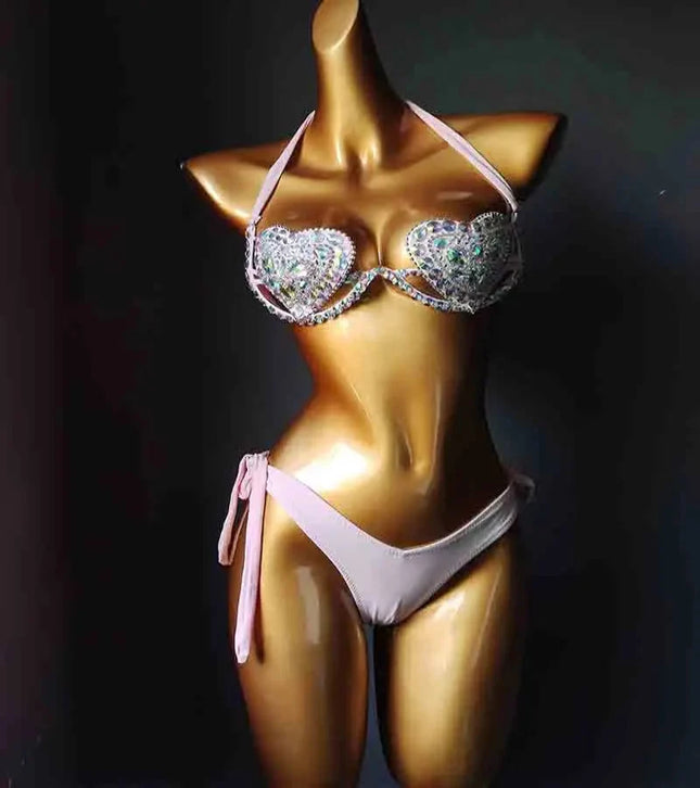 The Venus Vacation Deep-V Bikini – Luxe Rhinestone Embellished Showgirl Swim Set
