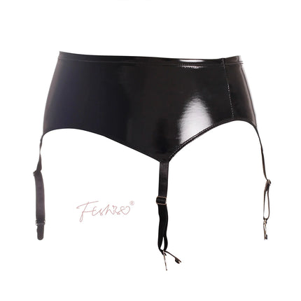 Glossy Faux Leather Mid-Waist Garter Belt with Metal Buckle Suspenders