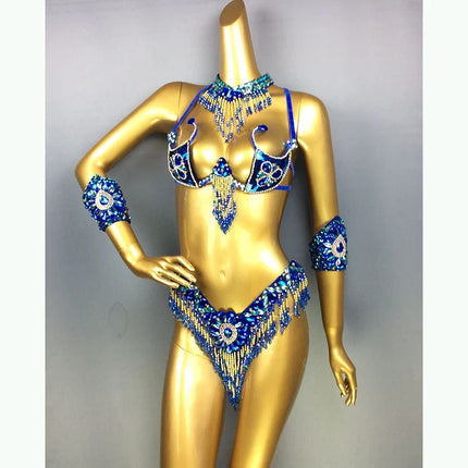 Handmade Beaded Samba Carnival Bra, Thong & Jewelry 5-Piece Stage Costume Set
