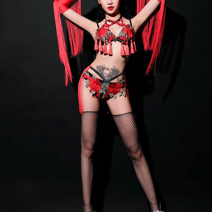 Red Rose Floral Fringe Bikini & Matching Fringe Gloves Stage Performance Costume Set