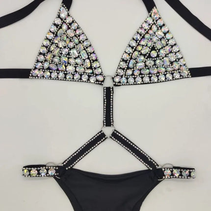 The Siren Strappy Rhinestone Bikini – Crystal Diamond Cutout Showgirl Set