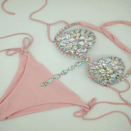 Geometric Bandage Tassel Bikini Set – Shimmering Rhinestone Fringe Swimsuit & Crystal Waist Accent Bathing Suit for Beach Clubs