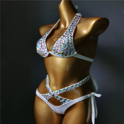 The Venus Vacation High-Waist Bikini – Classic Diamond Rhinestone Showgirl Set