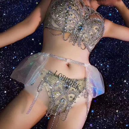 Sexy Nightclub DJ Pole Dance Bikini Costume Silver Rhinestones Rhinestones Chains Bra Shorts Skirt Rave Outfits Festival Clothes