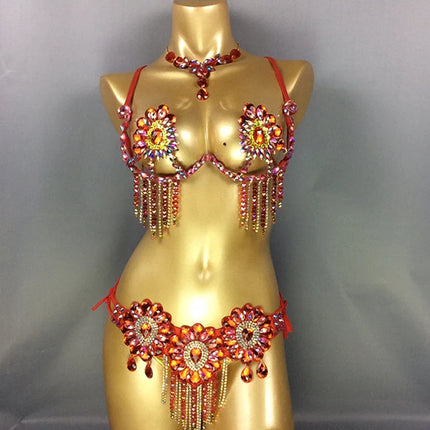 Sparkly Samba Carnival Stone Wire Bra, Belt & Necklace Three-Piece Costume Set