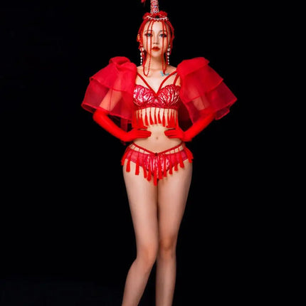 Red Feather Beading Headgear Bikini Dance Outfit Women Nightclub Party Show Stage Wear Bar Concert Singer Performance Costume