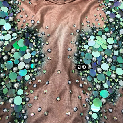 Emerald Green Rhinestone Sequin Mermaid Gown & Crown Stage Performance Costume Set