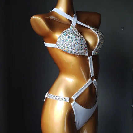 The Siren Strappy Rhinestone Bikini – Crystal Diamond Cutout Showgirl Set