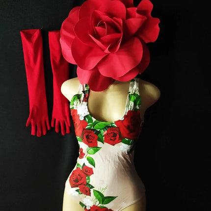 Scarlet Rose Floral Bodysuit, Opera Gloves & 3D Flower Headpiece 3-Piece Stage Costume Set