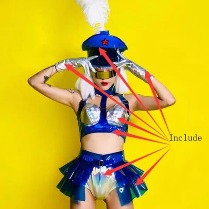 Holographic Silver Laser Bikini, Ruffle Skirt & Captain Hat 3-Piece Stage Costume Set
