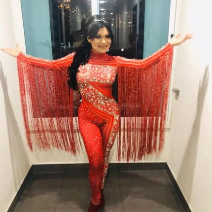 Silver Red Rhinestone Fringe Jumpsuit Stage Performance Outfit Dancer Catsuit