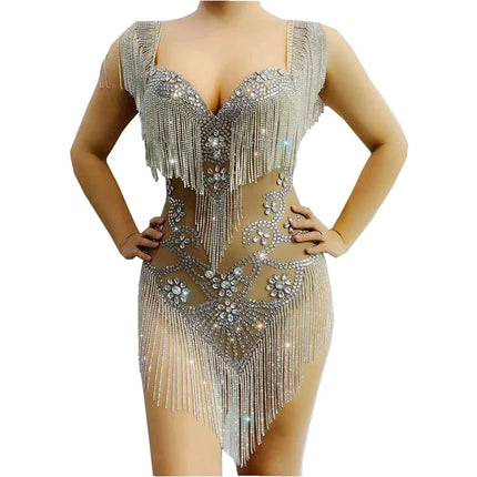 Silver Crystal Fringe Illusion Bodysuit Sparkly Rhinestone Stage Dance Leotard