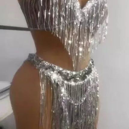 Silver Sequin Tassel Halter Bra & Shorts Stage Performance Set