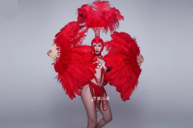 Ostrich Feather Headdress & Pearl Suit Stage Costume Set