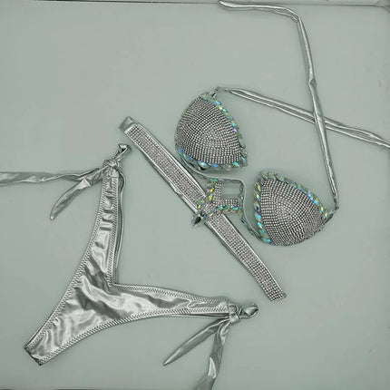 The Stardust Geometric Cross-Strap Bikini – Crystal Lattice Showgirl Set