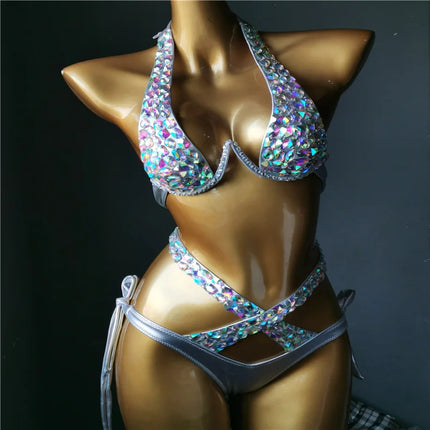 The Venus Vacation High-Waist Bikini – Classic Diamond Rhinestone Showgirl Set