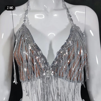 Silver Sequin Tassel Halter Bra & Shorts Stage Performance Set