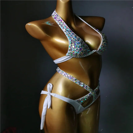 The Venus Vacation High-Waist Bikini – Classic Diamond Rhinestone Showgirl Set
