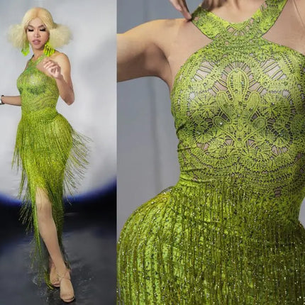 Sparkly Lime Green Rhinestone & Tassel Fringe Bodycon Dress Stage Performance Costume