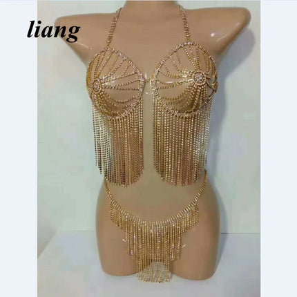 Dazzling Three-Point Thong Bra & Belly Chain Bikini Body Jewelry Set