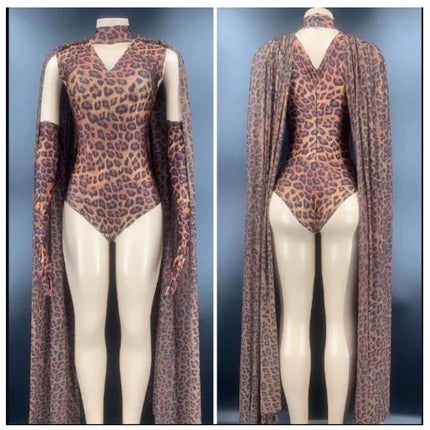 Wild Glam Leopard Print Gogo Bodysuit & Flowing Cape Set