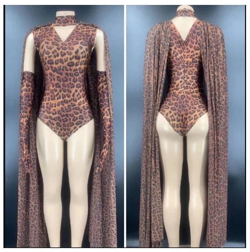 Wild Glam Leopard Print Gogo Bodysuit & Flowing Cape Set