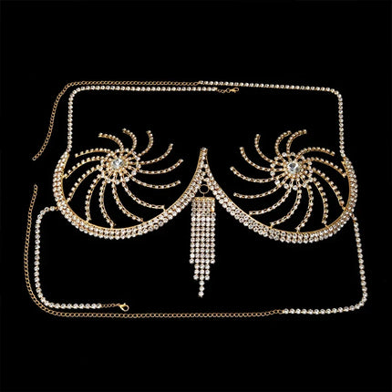 Luxury Crystal Swirl Micro Bikini Body Chain – Shimmering Rhinestone Tassel Bra & Exotic Chest Harness for Festivals, Raves & Clubwear