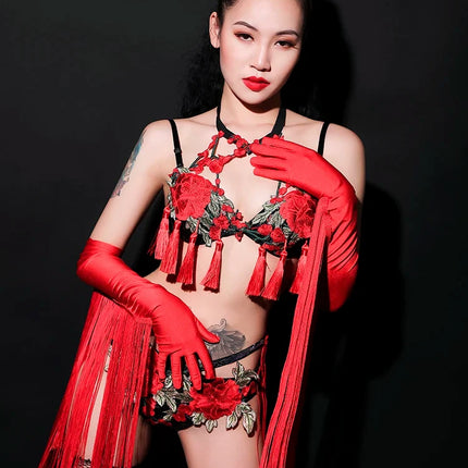 Red Rose Floral Fringe Bikini & Matching Fringe Gloves Stage Performance Costume Set