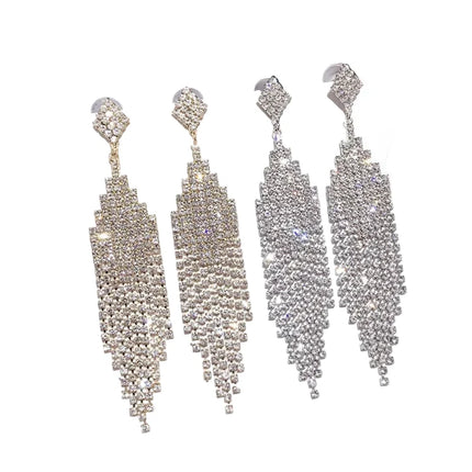 Vintage Crystal Tassel Drop Earrings – Elegant Geometric Multi-Strand Statement Earrings for Weddings, Galas & Evening Wear