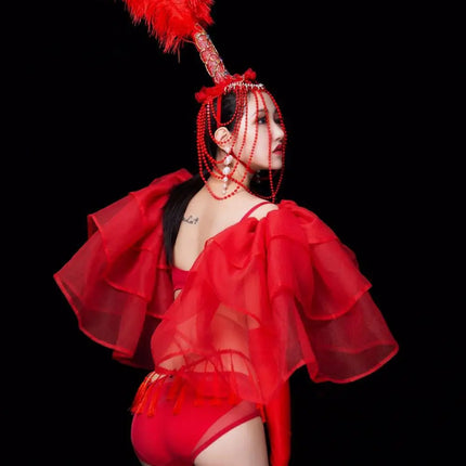 Red Feather Beading Headgear Bikini Dance Outfit Women Nightclub Party Show Stage Wear Bar Concert Singer Performance Costume
