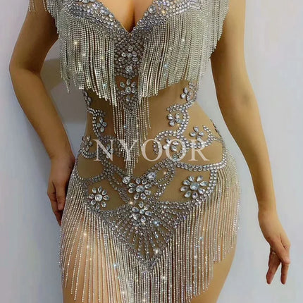 Silver Crystal Fringe Illusion Bodysuit Sparkly Rhinestone Stage Dance Leotard