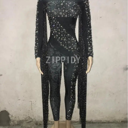 Silver Red Rhinestone Fringe Jumpsuit Stage Performance Outfit Dancer Catsuit