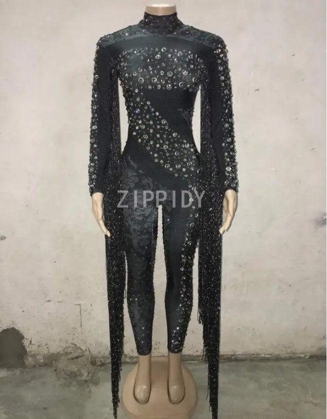 Silver Red Rhinestone Fringe Jumpsuit Stage Performance Outfit Dancer Catsuit