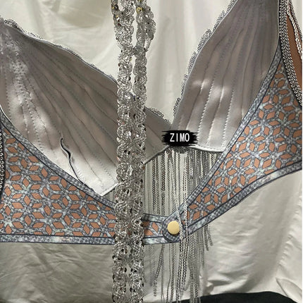 Silver Sequin Tassel Halter Bra & Shorts Stage Performance Set