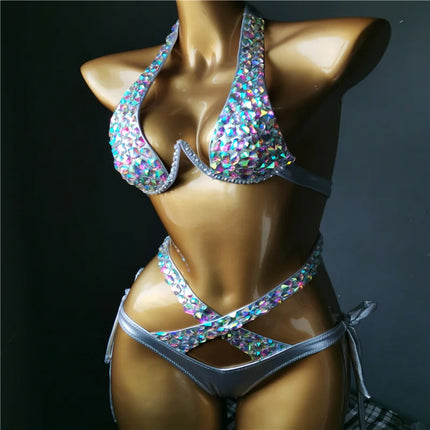 The Venus Vacation High-Waist Bikini – Classic Diamond Rhinestone Showgirl Set