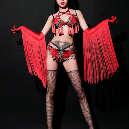 Red Rose Floral Fringe Bikini & Matching Fringe Gloves Stage Performance Costume Set