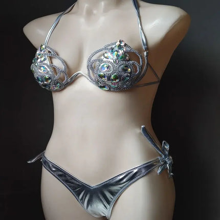 The Venus Vacation Hollow-Out Bikini – Diamond Lattice Showgirl Swim Set