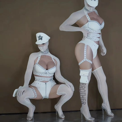 White Cyber Military Commander Bodysuit & Harness Set Men's & Women's Stage Dance Costume