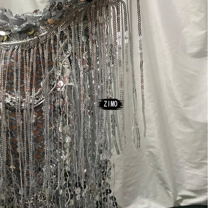 Silver Sequin Tassel Halter Bra & Shorts Stage Performance Set