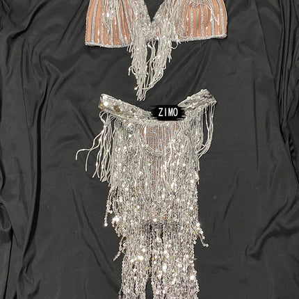 Silver Sequin Tassel Halter Bra & Shorts Stage Performance Set