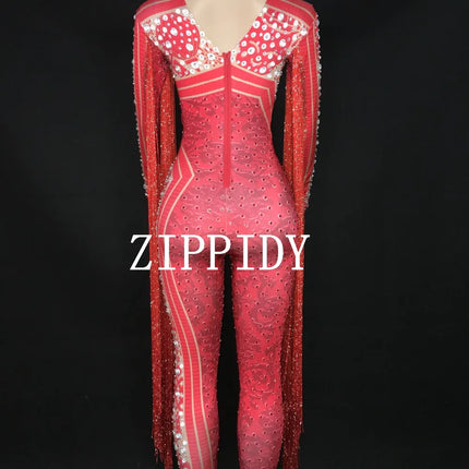 Silver Red Rhinestone Fringe Jumpsuit Stage Performance Outfit Dancer Catsuit