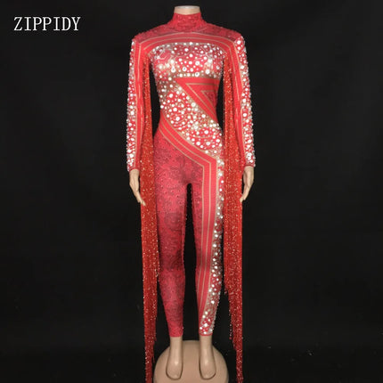 Silver Red Rhinestone Fringe Jumpsuit Stage Performance Outfit Dancer Catsuit