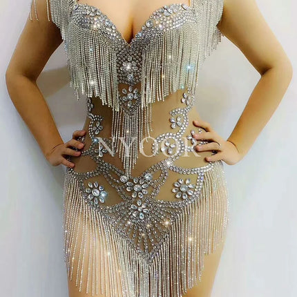 Silver Crystal Fringe Illusion Bodysuit Sparkly Rhinestone Stage Dance Leotard