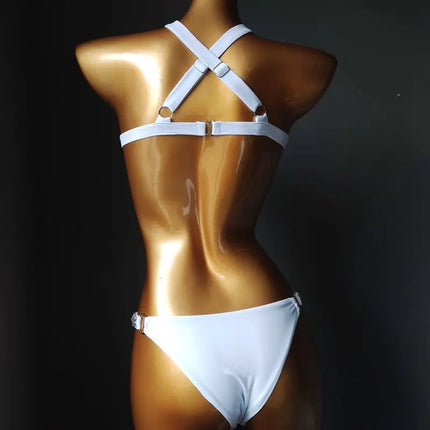 The Siren Strappy Rhinestone Bikini – Crystal Diamond Cutout Showgirl Set