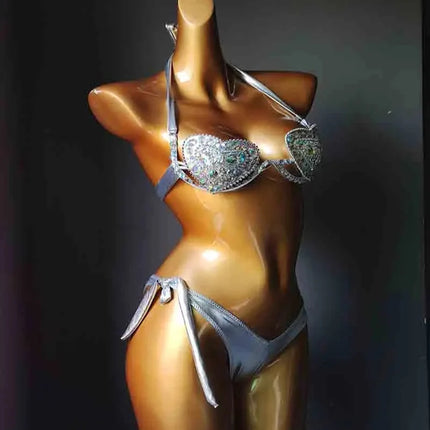 The Venus Vacation Deep-V Bikini – Luxe Rhinestone Embellished Showgirl Swim Set
