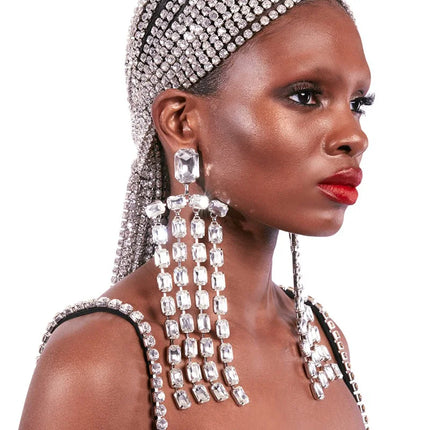 Sparkly 5.2" Glass Crystal Dangle Earrings Drag Queen Stage Jewelry